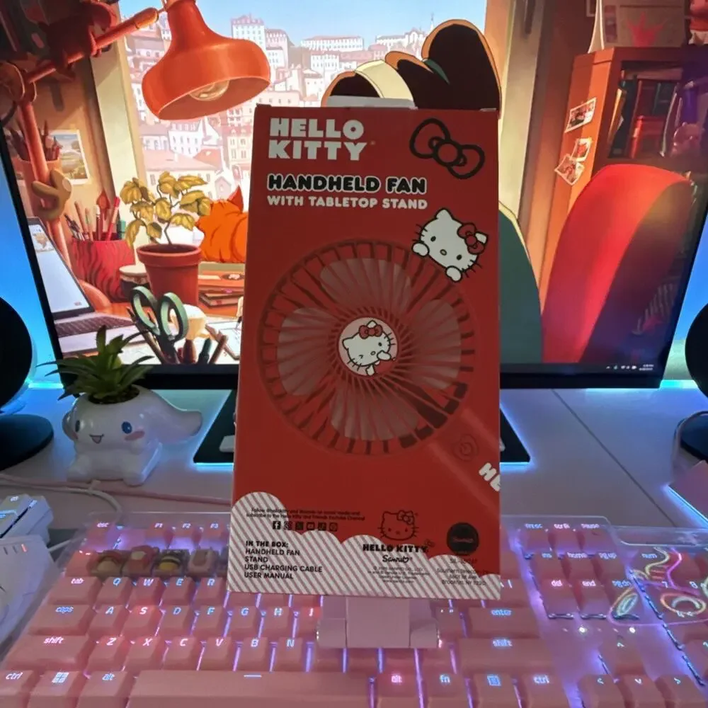 Hello Kitty Portable Fan Stand Makeup Multi Speed Rechargeable Cable 2025 Sanrio